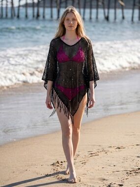Simons Black Fringe Mesh Cover-Up For Evenings Out Or The Beach
